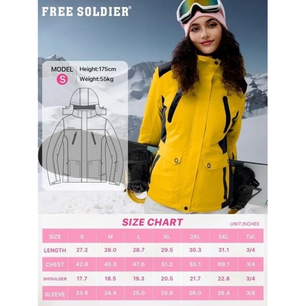 Free Soldier Yellow Black Ski Snowboard Jacket Hooded Waterproof Insulated 14/16 - Picture 3 of 4